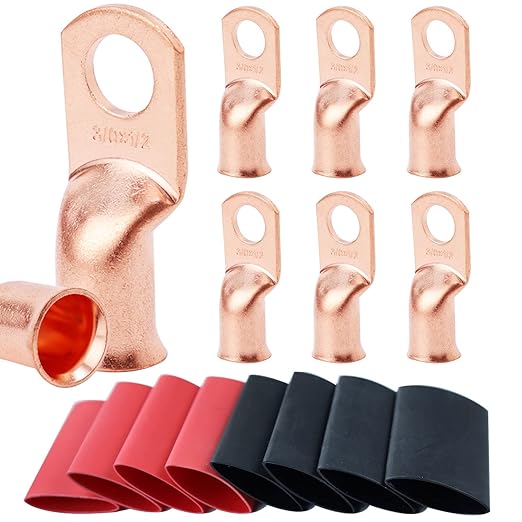 TKDMR 8pcs 3/0 AWG-1/2 Battery Lugs,Heavy Duty Wire Lugs,Ring Terminals,Battery Cable Ends,0 Guage terminals,Battery Terminal Connectors with 8pcs 3:1 Heat Shrink Tubing