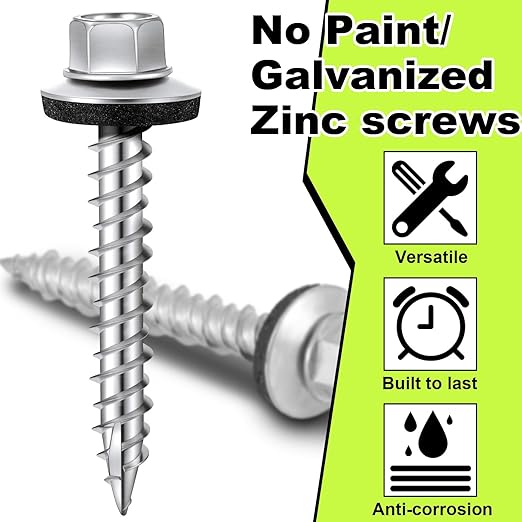 Tandefio Metal Roofing Screws (1000) #10 x 1-1/2" Zinc Hex Head with Rubber Washer Sheet Roof Screws Self Tapping Metal to Wood Siding Screw