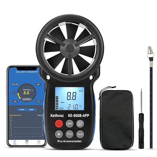 Bluetooth Digital Anemometer, Kethvoz Handheld Wind Speed Meter with Data Logger Measure Air Flow Velocity 0.3~30m/s for Drone Hunting Shooting HVAC Dust Collector