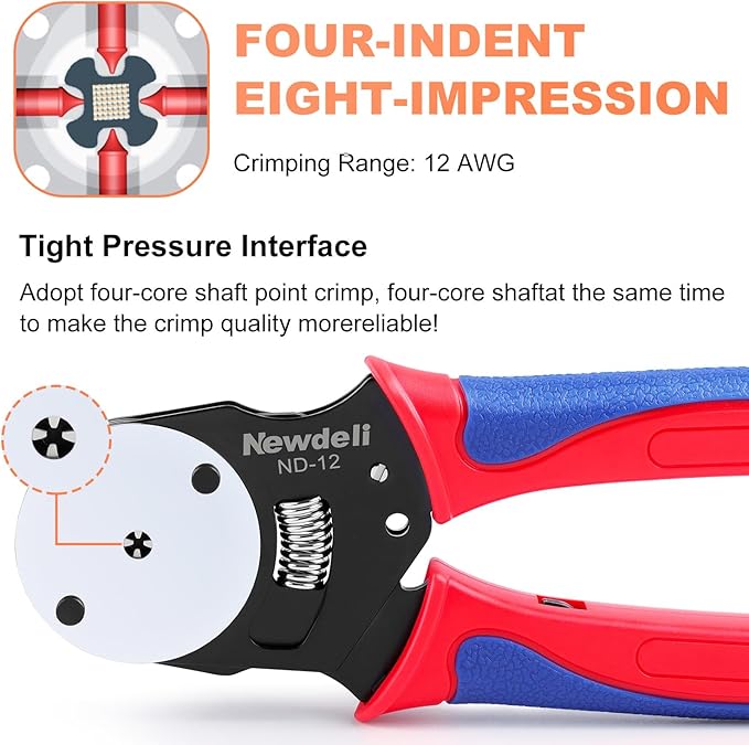 Newdeli Deutsch Crimp Tool Size 12 Deutsch Connector Tool 4 Way Indent 8 Impression Type Closed Barrel Crimper 12 AWG Solid Barrel Contact & Circular Connector Contacts Pin Crimping Tool