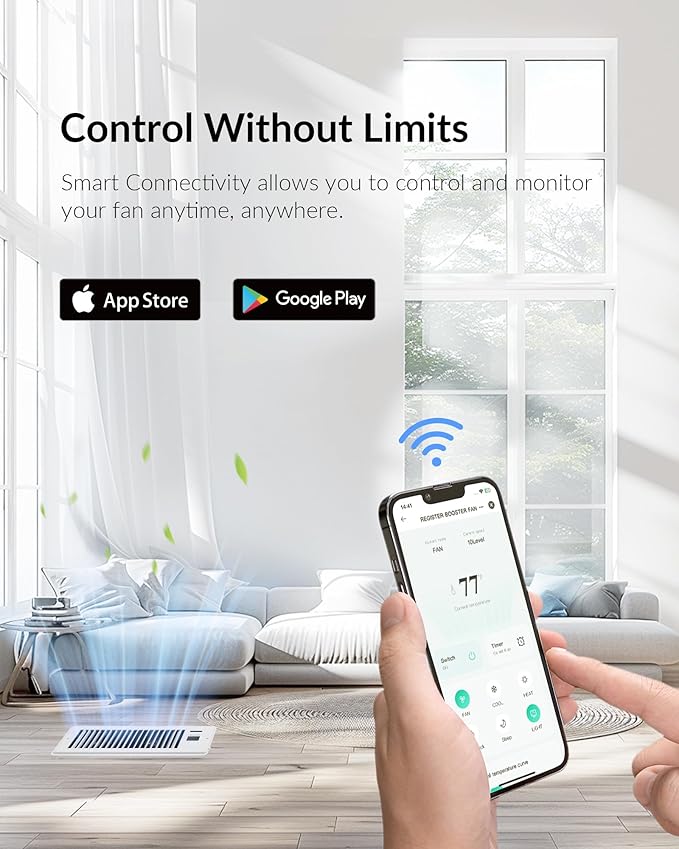 Super Quiet Register Booster Fan for 4" x 12" Register Holes, Smart Vent with Dual Intelligent Thermostat and WIFI App Control, Heating Cooling AC Vent Fan (White)