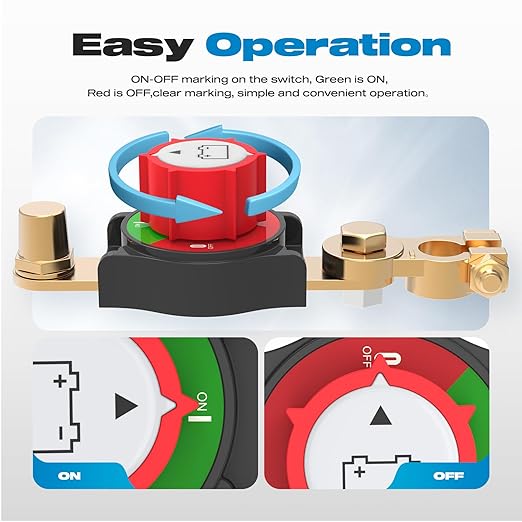 Top Post Battery Disconnect Switch Negative Brass Clamp 275A Heavy Duty 12V/24V/48V Battery Cut Off Master Kill Switch for Car, Marine, RV, Boat, Truck