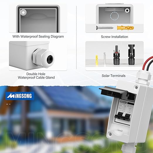 Solar Panels Disconnect Switch 32Amp DC Solar Shut Off Switch 400V 2 Poles Outdoor AC Small Miniature Circuit Breaker Box, IP65 Waterproof UV-Proof for PV Homes