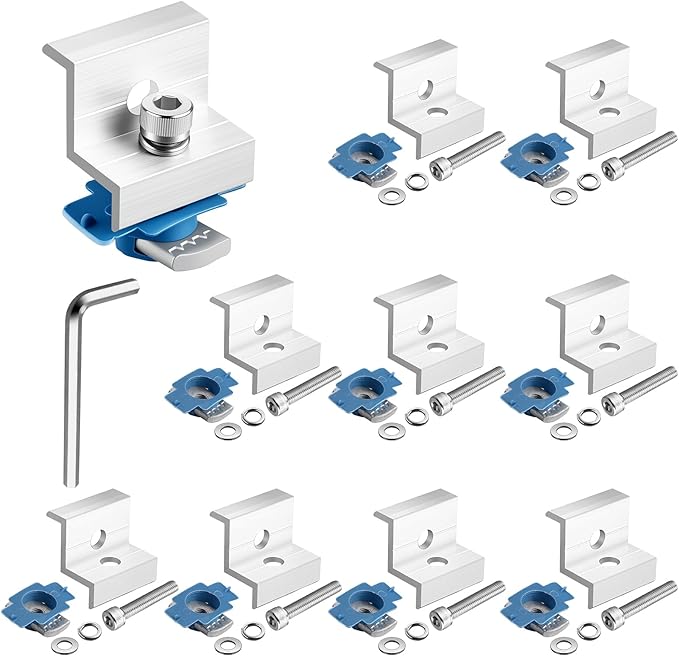 Anbte 10pcs Solar Panel End Clamp for Standard Unistrut, Aluminum 30mm/35mm Solar Panel Brackets with Nuts Bolts, Solar Panel Mounting Kit for Metal Roof, Tin Roof, Flat Roof, Sheet Roof, Silver