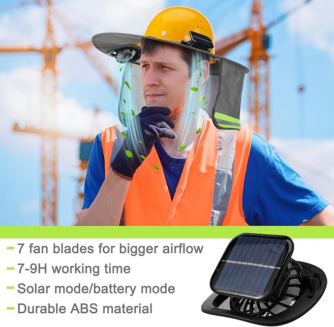 1 Set Sun Hard Hat Shade Full Brim Hard Hat Sun Visor with Solar Fans and Neck Sunshade Cover High Visibility Full Brim Mesh with Reflective Strip, Summer Protection Accessories(Gray)