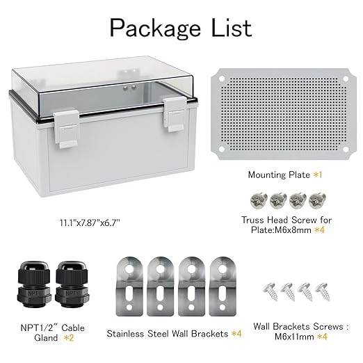 Junction Box IP65 Waterproof ABS Plastic Enclosure Hinged PC Clear Cover Electrical Project Box with Mounting Plate, Wall Brackets, Cable Glands 11.8"x 7.9" x 7.1"