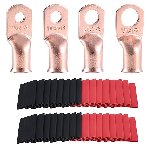 1/0 AWG Pure Copper Ring Terminal Kit (62 Pcs) - 30 Battery Lugs (1/4", 5/16", 3/8", 1/2") with 32 Heat Shrink Tubes for 0 Gauge Wire in Automotive, Solar, Inverter, Marine, RV Applications