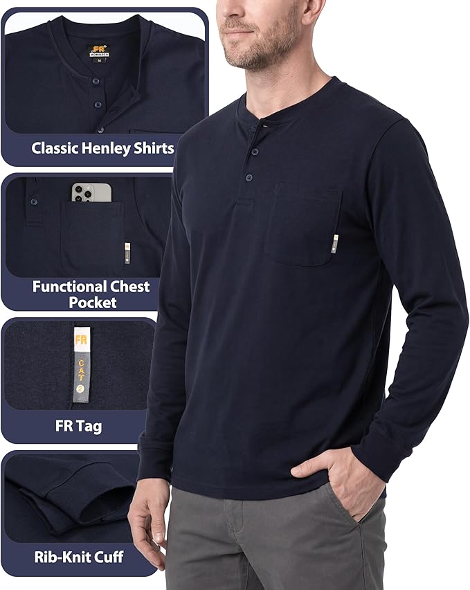 KONRECO FR Shirts for Summer Flame Resistant Shirt 5.5oz Light Weight CAT2 Henley Shirts