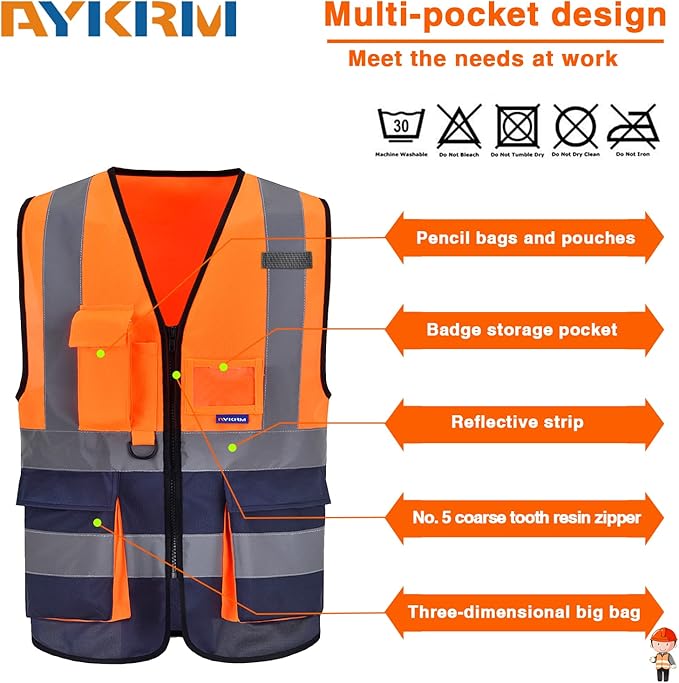 A-SAFETY High visibility vest,Reflective Safety Vest Workwear 7 Pockets Hi Vis Durable Vest with Reflective Tapes 4 Lower Pockets,Orange&Navy M