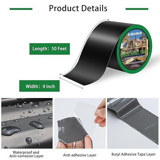 Butyl Tape, 4" X 50' Weather Resistant Deck Tape, Anti-Corrosion Flashing Tape for Decks, Beams and Wood (4 Rolls)