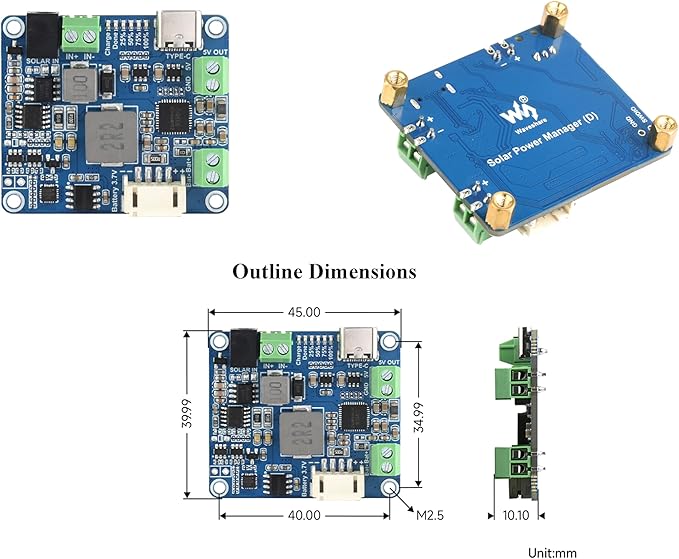 MPPT Solar Energy/Solar Power Manager Module for 6V~24V Solar Panel, Support Recharged from Solar Panel or USB Type-C Power Adapter, 5V/3A Output, Compatible with Raspberry Pi (with Battery Holder)
