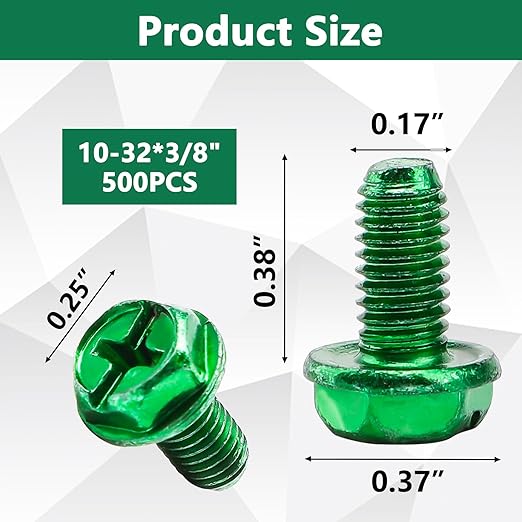 500 PCS Green Ground Screws for Electrical Box,10-32 x 3/8 Inch Combo Grounding Screw Hex Phillips Head for Junction Box and Electric Outlet