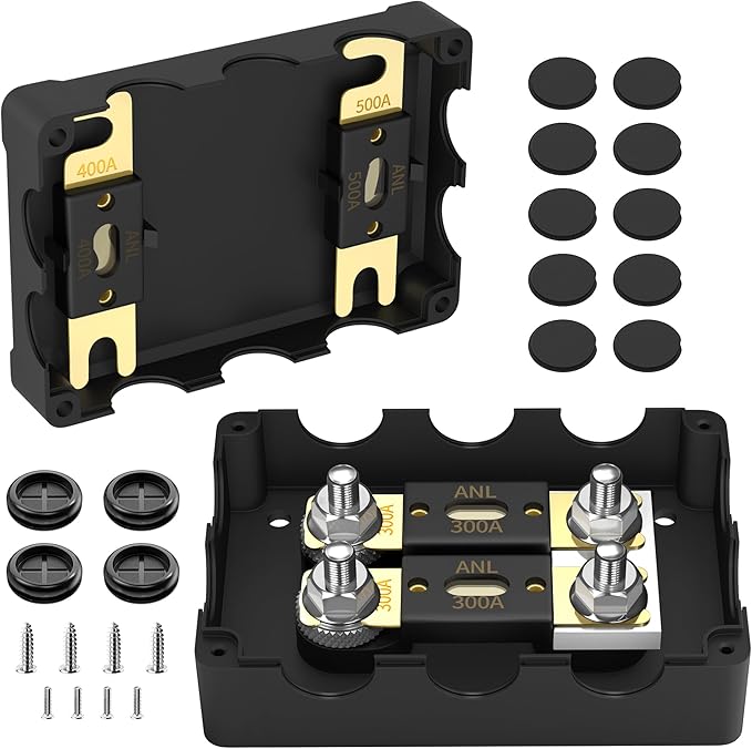 ANL Fuse Holder with 2Pcs 300 Amp ANL Fuse, Max 1000A Waterproof 4 x 5/16"(M8) Studs Heavy Duty Dual Fuse Holder with 400 Amp and 500 Amp ANL Fuses for Marine Automotive Car Truck Boat