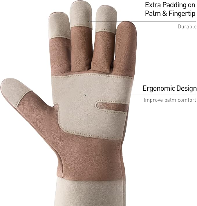 HANDLANDY Long Gardening Gloves for Men & Women, Thorn Proof Rose Pruning Gloves Leather Gauntlets Garden Glove Yard Work Glove (Warm Brown, Small)