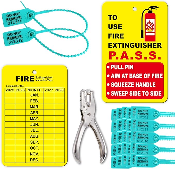 30 Sets Fire Extinguisher Tags Monthly Inspection Tear-Resistant Numbered Plastic Tamper-Evident Cable Ties Easy to Punch Includes Handheld Hole Puncher