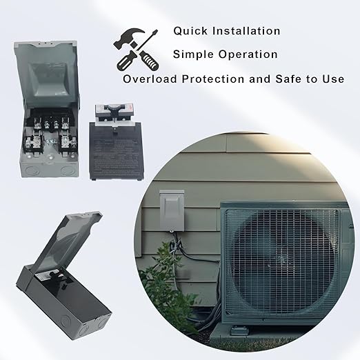 240VAC 60 Amp Fused AC Disconnect Box, Outdoor Waterproof Metal Enclosure with Pull-Out Switch - for Home & Light Commercial HVAC, Condensing Units & Air Conditioning Systems - UL Listed