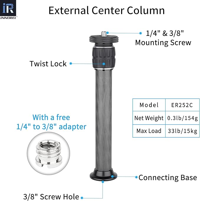 INNOREL ER252C Universal 10 Layers Carbon Fiber Tripod Center Column Extension Pole Extender-Tripod Two-Section Mid-Column Extension Rod Pole for Tripod Monopod DSLR Camera 25.6mm Tube