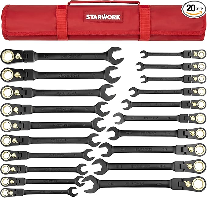 STARWORK TRUE MECHANIC™ 20 Pc. 120-Tooth Flex-Head Reversible Ratcheting Wrench Set, Combination Ratchet Wrench Set, Anti-Slip, Long Pattern, 6-Point, Professional, SAE/Metric
