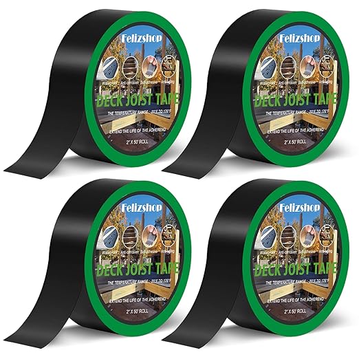 Joist Tape, 2" x 50' Waterproof Butyl Deck Flashing Tape, Weather Resistant for Beams, Wood Joists and Decking (4 Rolls)