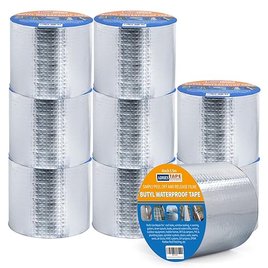 ADHES Upgrade Butyl Tape Waterproof Tape, 1.2mm Thick, 9 Rolls x 4 inch x 16 feet, Aluminum Foil Tape Butyl Sealant tape for RV Repair, Window, Boat and Pipe Sealing, Glass & EDPM Rubber Roof Patching