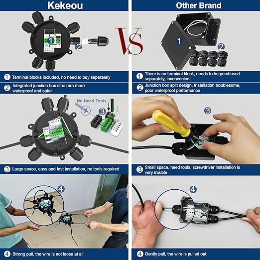Junction Box Cable Connector Waterproof Cable Connector Junction Box Waterproof Electrical Connector Box 2-6 Way 22-10 AWG 32A for Ø4-9mm Cable (Easy to Install)