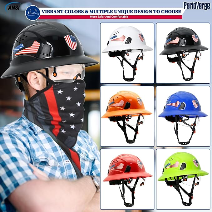 Full Brim Hard Hats Construction OSHA Approved with Visor-Vented Hard Hat with Neck Gaiter with Ear Loops,Safety Hard Hats for Men with Chin Strap ANSI Z89.1 Type 1 Class C,6-pt Suspension