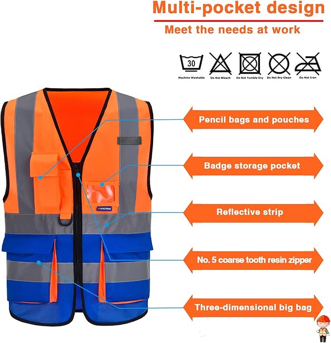 A-SAFETY Industrial Safety Vest, Hi Vis 9 Pockets High Visibility Zipper Front Reflective Safety Vest, Orange&Blue Color Mixed, XL