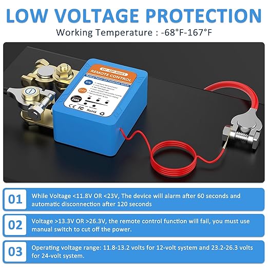 Kill Switch for Car, 12V/24V 250A Remote Battery Disconnect Switch Automatic Battery Shut Off Switch Voltage Protection Remote Control Anti Theft for RV ATV Truck Boat