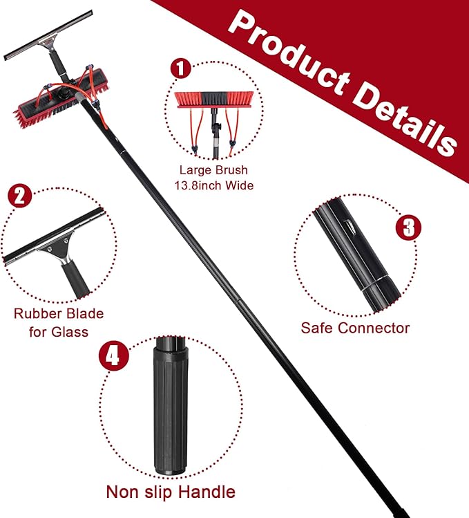26ft Water Fed Pole Kit, Rotatable Solar Panel Cleaning Brush & Squeegee, 2 Dusting Brushes, Extendable Black Lightweight Pole for Roof Window