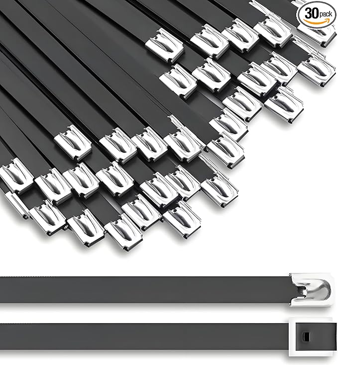 30PCS 11.8" Black Epoxy Coated Metal Zip Ties, Heavy Duty Self-Locking Stainless Steel, Corrosion Resistant for Harsh Environments, Ideal for Machinery, Vehicles, Farm, Cable & Pipe Binding