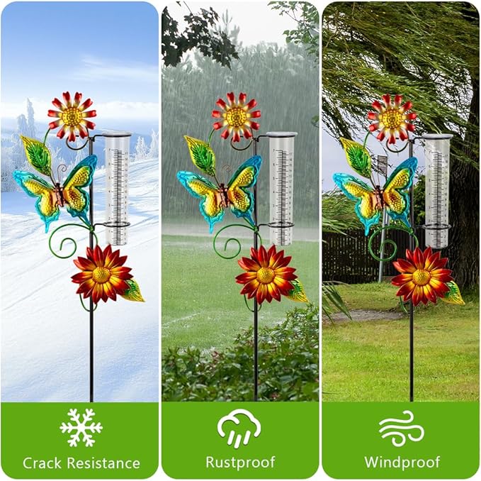 Rain Gauge Outdoor, Butterfly Rain Gauge with 7 Inch Tube, Metal Rain Measure Tool, Decorative Rain Measure Gauge for Outdoor, Garden Decor