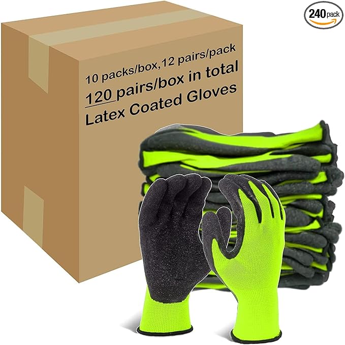 Evridwear Crinkle Latex Rubber Hand Coated Safety Work Gloves for Men Women General Multi Use Construction Warehouse Gardening Assembly Landscaping,Green Large 120 Pairs Pack
