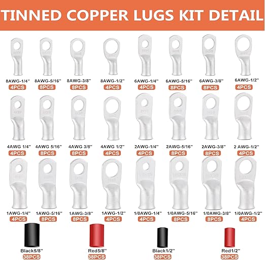 296 Pcs Tinned Copper Ring Terminal Kit (8-1/0 AWG) - 144 Battery Lugs (1/4″, 5/16″, 3/8″, 1/2″) with 152 Heat Shrink Tubes for Multi-Gauge Wire in Automotive, Inverter, Marine, RV Applications