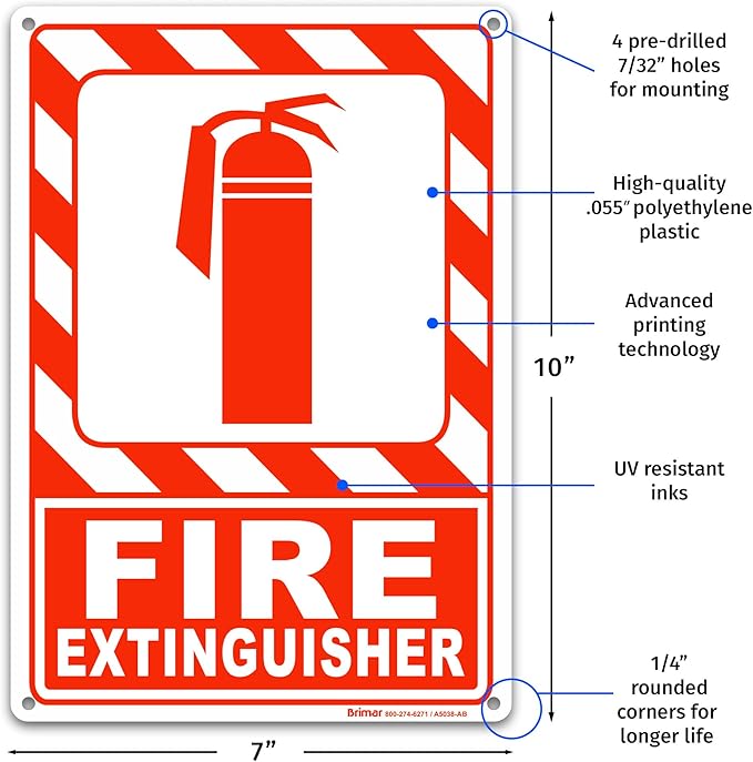 Brimar - 7 x 10" - Fire Extinguisher Sign - Polyethylene Plastic - Easy Installation - Fire Safety Compliance