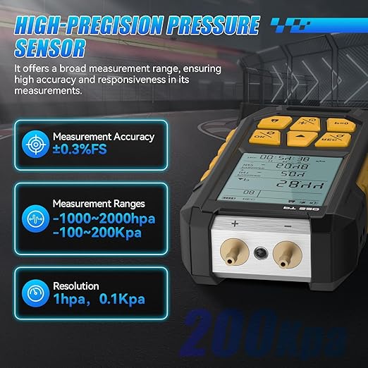 Manometer, Digital Manometer HVAC Dual Port Air Gas Pressure Tester Differential with 10 Units High Accuracy Value 29 Data Stores Backlight Display,-100~200Kpa,-1000~2000mbar