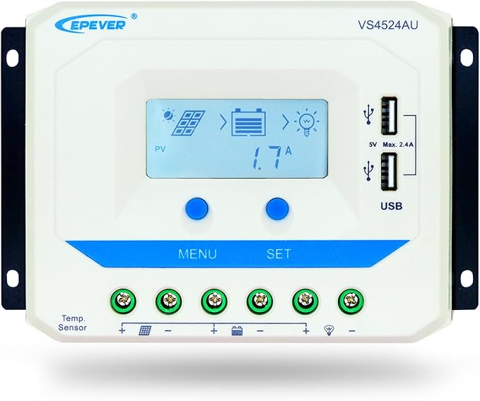 EPEVER Solar Charge Controller 45A VS4524AU Solar Panel Battery Charging Regulator 12V/24V Auto Work with LCD Display Dual USB Ports 5V 2.4A Output (45A)