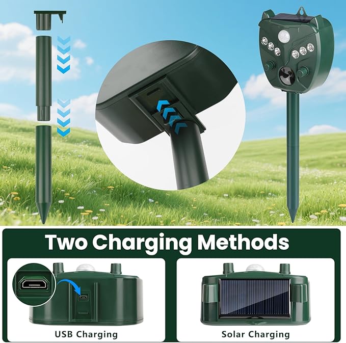 2 Pack 2026 Upgraded Solar Ultrasonic Animal Repellent Outdoor – Motion Activated Deer, Squirrel, Cat, Raccoon, Dog & Bird Deterrent with Multi-Frequency LED Strobe & Ultrasonic Sweep for Yard Garden