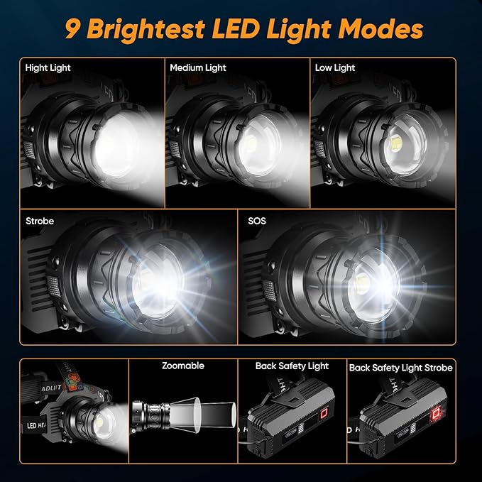 Rechargeable Headlamp Super Bright, 3000 High Lumens Head Lamp with 9 Modes, Zoomable Headlamp for Adults 90° Adjustable, IPX7 Waterproof High Power Head Light for Fishing Camping