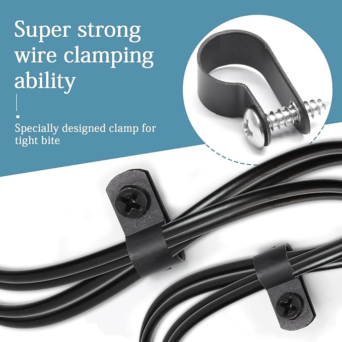 100 Pcs 1/2 Inch Black Nylon Screw Mounting R-type Cable Clip Wire Clamp, 13.2mm Cable Clip Wire Clamp for Wire Management, Stainless Steel Screws Included