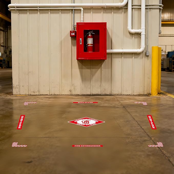 2 Pack Fire Extinguisher Signs Self Adhesive Keep Clear Do Not Block Floor Sign with Strips Waterproof Vinyl Fire Extinguisher Floor Marking Kits for Business Warehouse Office