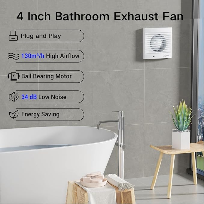4 Inch Wall Mount Bathroom Exhaust Fan, Plug in Wall Exhaust Fan, 12W 77 CFM Bathroom Window Fan with Backdraft Damper for Kitchen, Garage, Office, 34 dB, White
