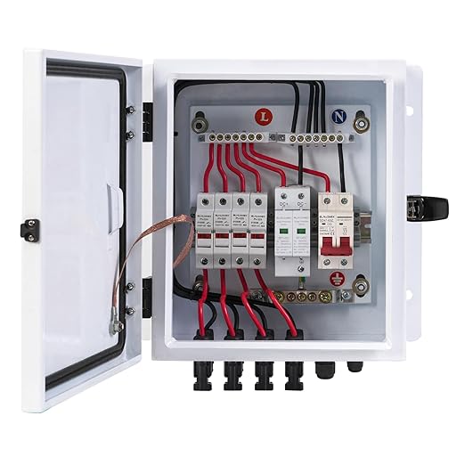 PV Combiner Box 4 String, IP65 Waterproof Solar Combiner with Lightning Arrester, Metal Box, 20A Rated Current Fuse and Circuit Breakers for On/Off Grid Solar Panel System