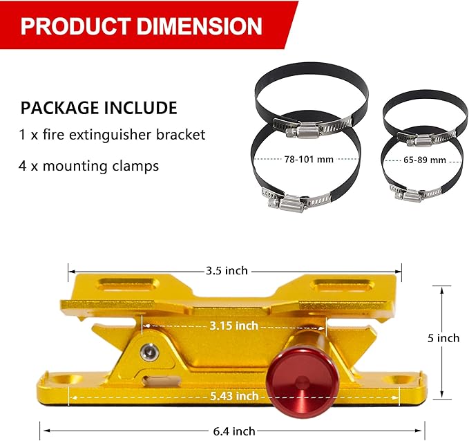 Quick Release Fire Extinguisher Mount – Gold Adjustable Aluminum Roll Bar Bracket Compatible with Car Jeep Wrangler (TJ/JK/JL/JKU), UTVs (Polaris RZR, Ranger, Can-Am X3), Trucks & Off-Road Vehicles