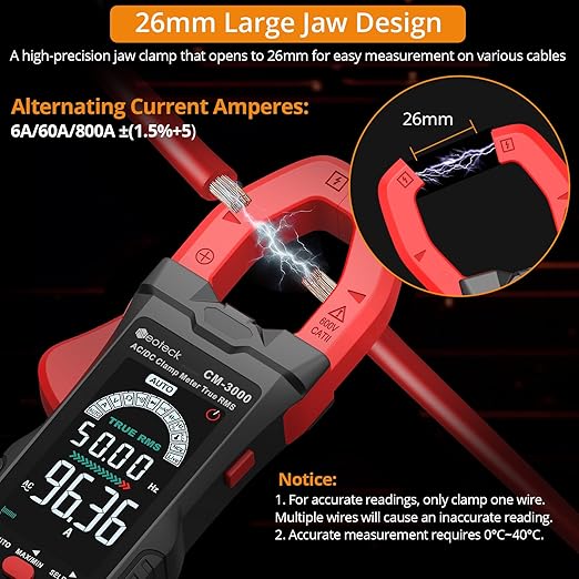 Neoteck Clamp Meter 6000 Counts Clamp Multimeter 800A AC Current Multimeter Auto Selection Color Screen TRMS Voltage,Capacitance,Continuity,Resistance,NCV,Diode,Frequency for Home,Auto,Industrial,HVAC