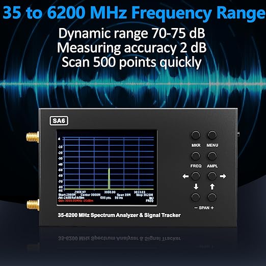 SA6 6GHz Portable Spectrum Analyzer, 3.2 "Color Touch Screen 35 MHz to 6200 MHz Handheld Micro Frequency Analyzer, 2-in-1 Signal Generator for Wi-Fi 2G 3G 4G LTE, CDMA, DCS, GSM, GPRS, GLONASS