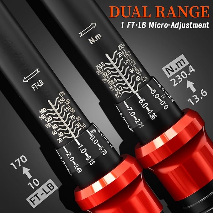 23PCS 1/2-Inch Drive Torque Wrench Set, 10-170FT.LB/13.6-230.5Nm, 1/2 Drive Click Torque Wrench Set, 72-Tooth Dual-Range, ±3% Precision Adjustable Torque Wrenches for Cart, Motorcycle, Lug Nut