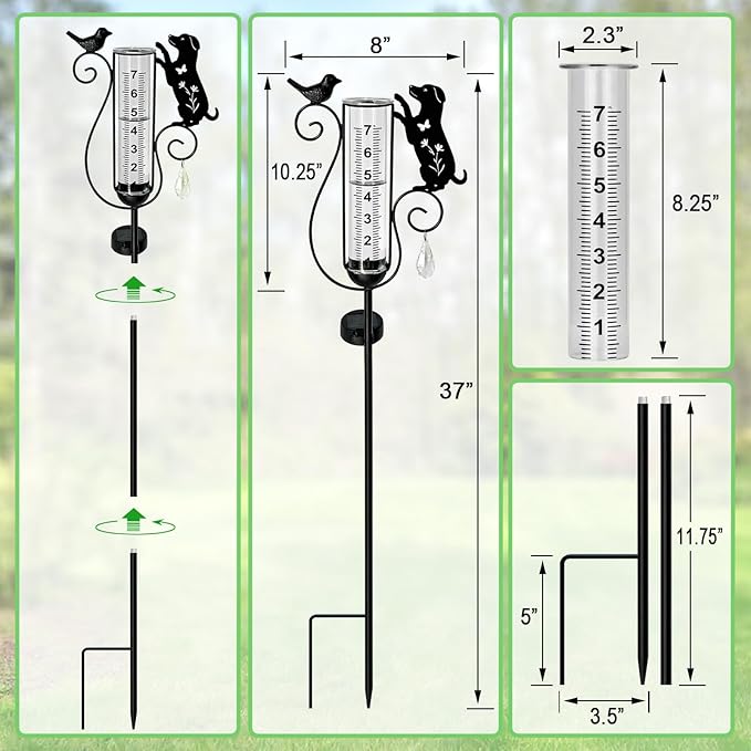Rain Gauge Outdoor with Large Number Scale,Solar Powered Decorative Dog and Bird Garden Stake for Outside,Yard, Lawn, Pathway