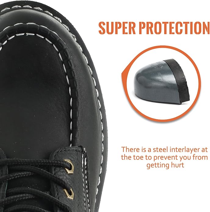 Moc Toe Work Boots for Men Waterproof Soft/Steel Toe Comfortable Full Grain Leather Non Slip Wedge Outsole Construction 6" Workboots