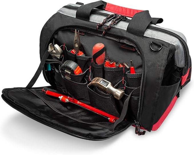 Tool Bag, Waterproof Tool Bags for Men or Women, 16-inch Wide Mouth Tool Bag Organizer with 25 Pockets for Tool Storage Bag, with Adjustable Shoulder Strap (Black/Red)