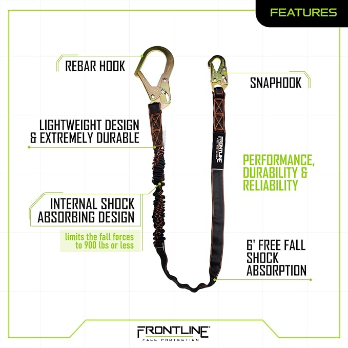 Frontline LIS61R Combat Single Leg 6' Rebar Hook End Lanyard with Internal Shock Absorber | Single Leg with Rebar Hook End | ANSI & OSHA Compliant | 5000 lbs. Min. Breaking Strength